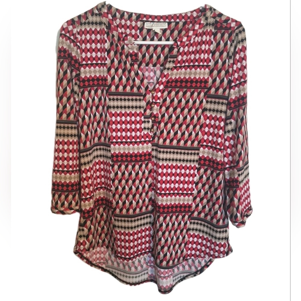 Dana Buchman Blouse Womens Size Small Red Pink Colorblock 3/4 Sleeve W Buttons